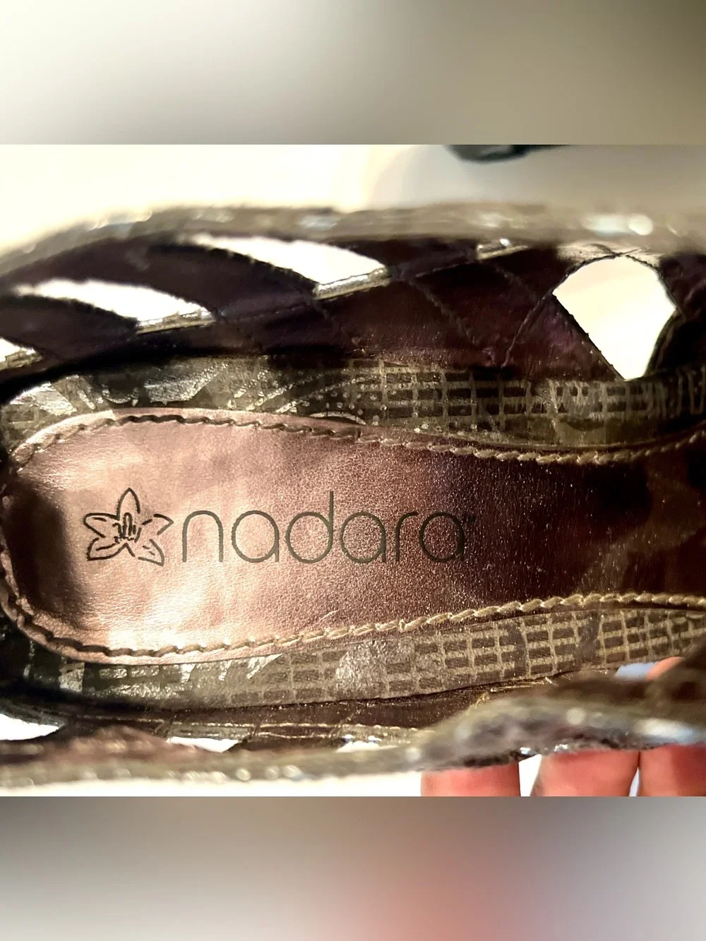Nadara Metallic Gunmetal Cutout Wedge Sandals